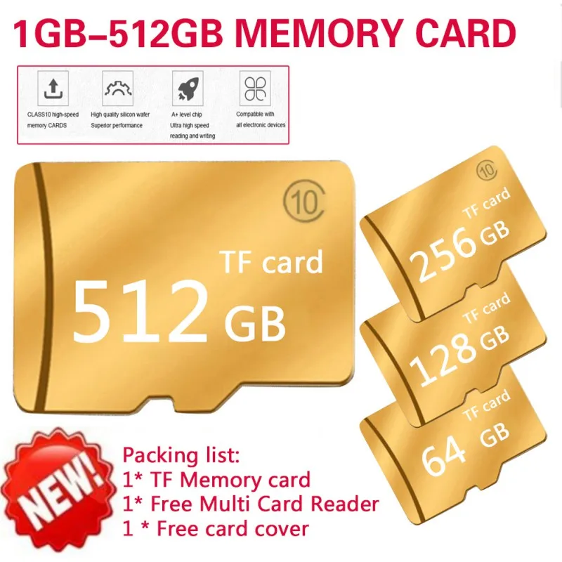 

Micro SD / SDHC Memory Card 2GB-512GB Golden Micro SD Neutral High Speed read 80mb SDHC with Card Reader Card Cover