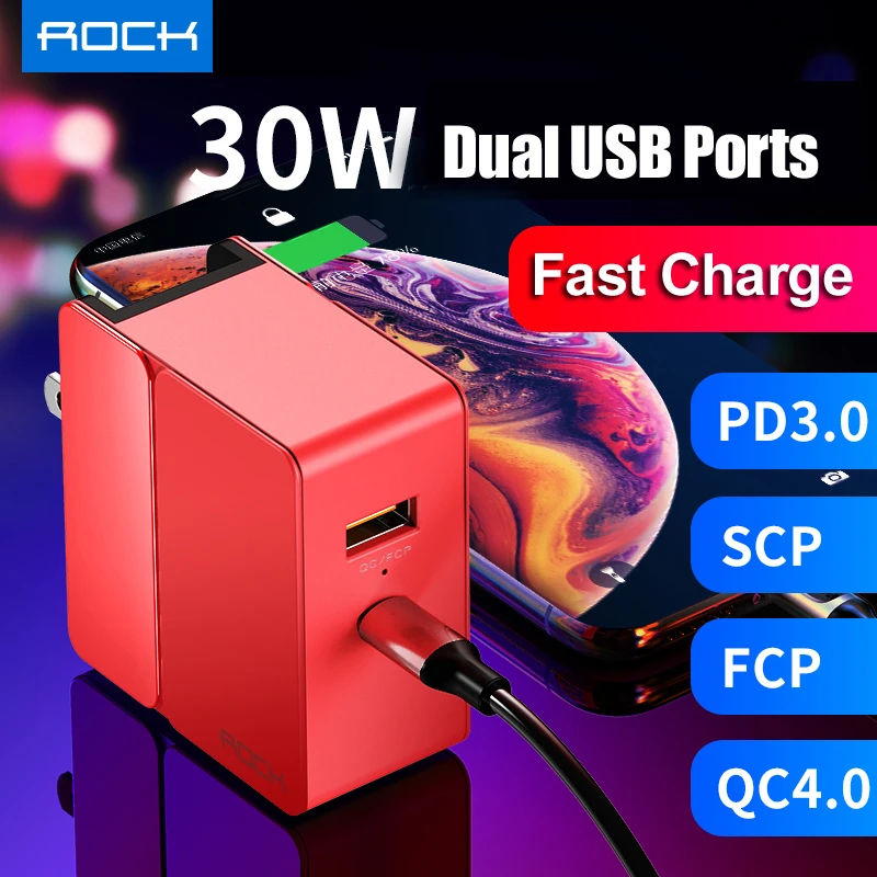 

PD Fast Charging USB Charger Rock 30W U+C PD 3.0 SCP & FCP QC4.0 & QC3.0 Travel Adapter Quick Charge For iPhone XS XR Huawei P30