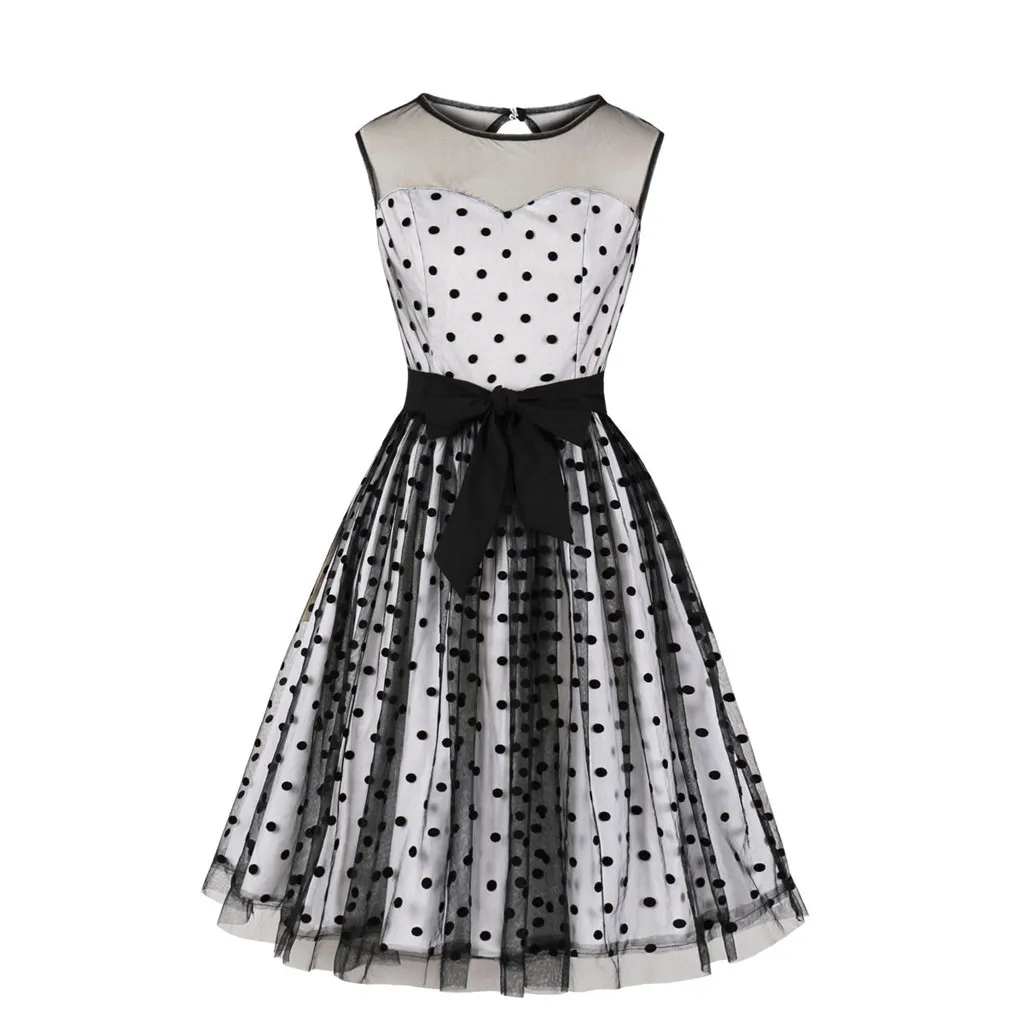 

Summer Women Beach Dress Sundress Polyester Sleeveless O-Neck Bandage White Dot Printed Mesh Vintage Ball Gown Dress L624