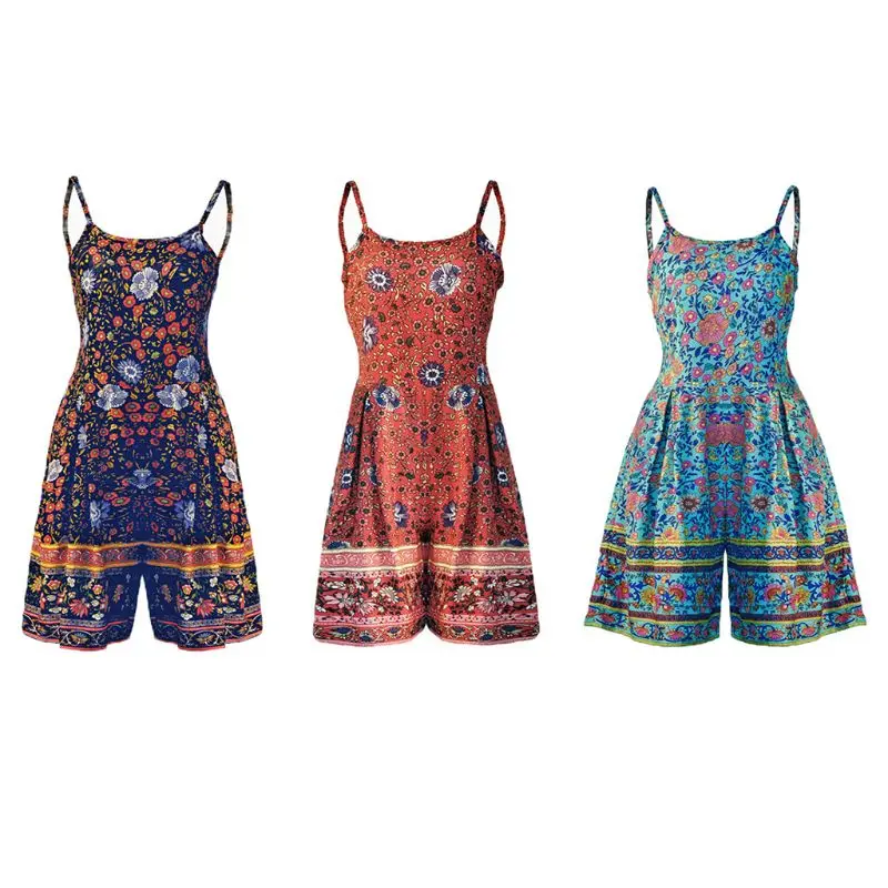 

Women Holiday BOHO Floral Print Strappy Mini Sundress Short Jumpsuit Playsuit Romper