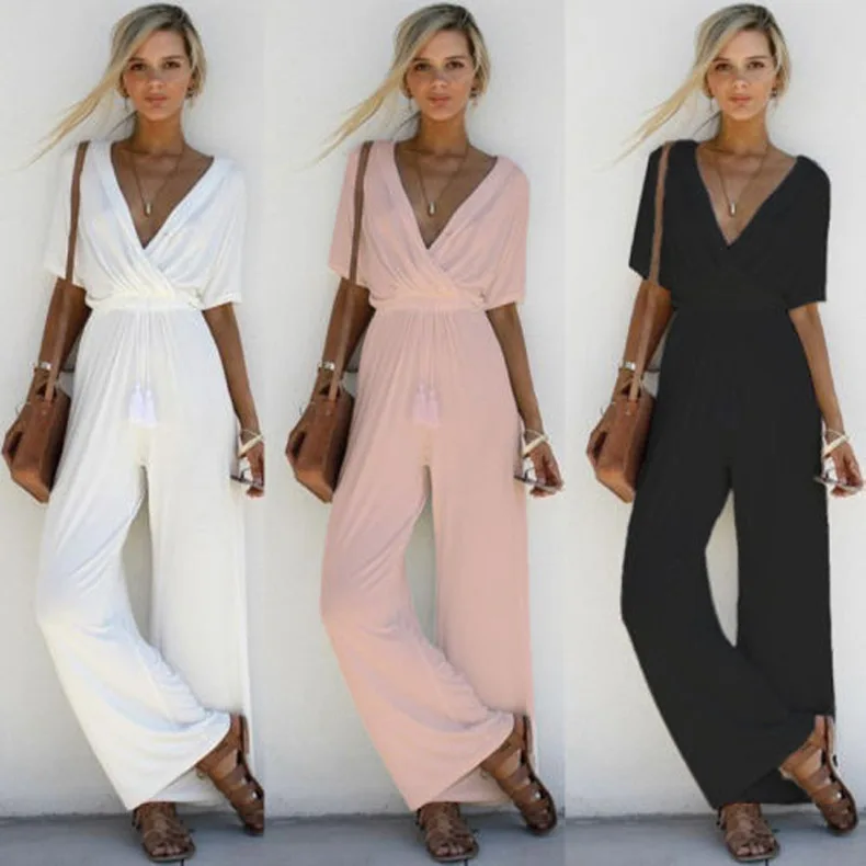 2018 Women jumpsuit Romper Short sleeve V-neck wide-leg trousers Casual White Black Pink Playsuit Overalls Ladies Wide Leg Loose