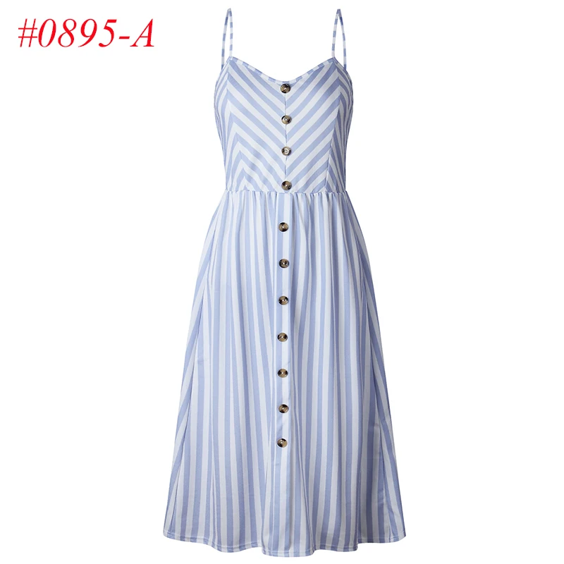 Женские сексуальные летние платья, Boho, плюс XXXL, без рукавов, на пуговицах, в полоску, сплошное, миди платье, сарафан с карманами - Цвет: 0895 Blue Stripe