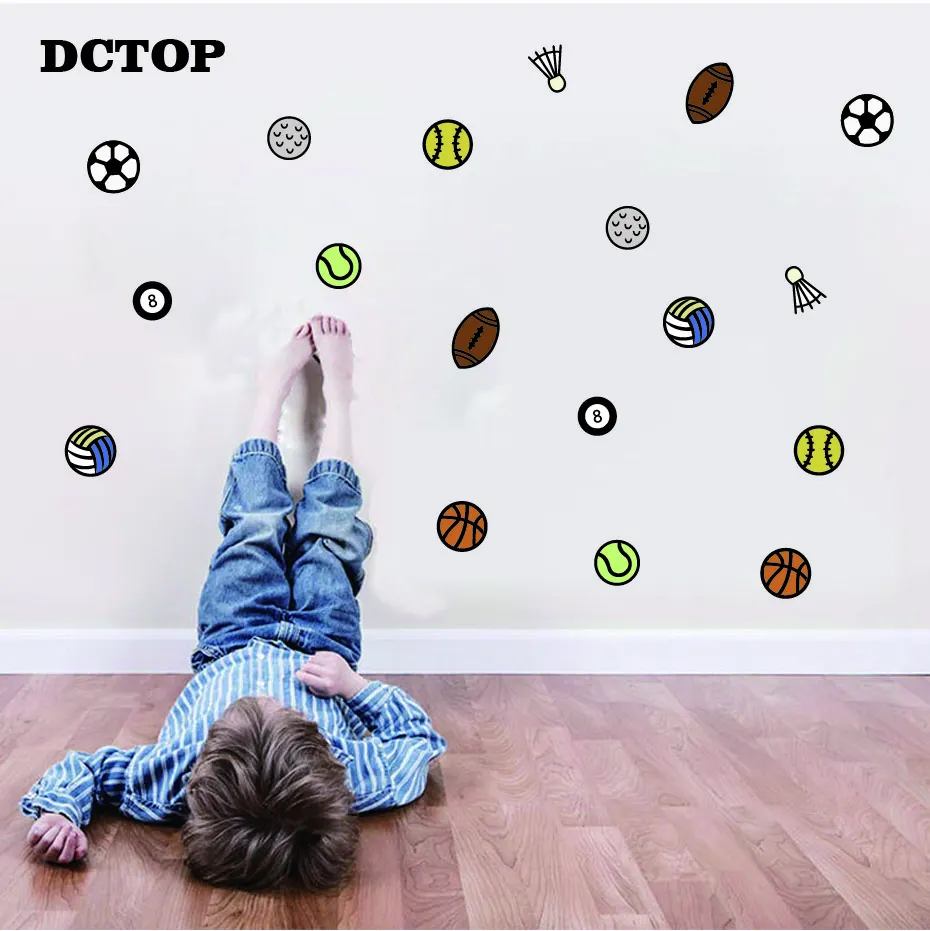 Creative Ball Sport Wall Stickers Cartoon Basketball Football Badminton DIY Vinyls Decals Home Decor for Kids Nursery Room Mural (6)