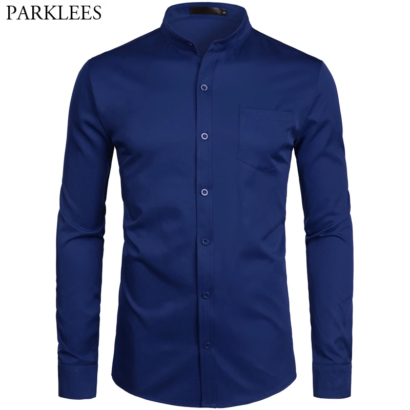 

Men's Hipster Banded Collar Slim Fit Long Sleeve Casual Button Down Shirt With Pocket Business Work Shirt Male Chemise Homme 2XL