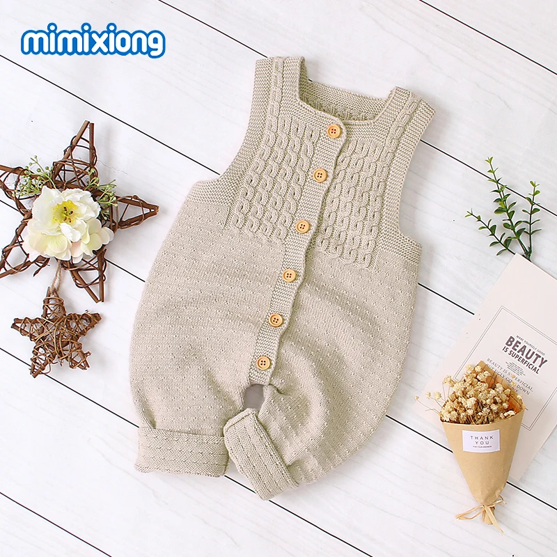 Baratos Mamelucos de Bebé Ropa de otoño sin mangas para niñas recién nacidas trajes de punto sólido niños monos suave niños pequeños monos