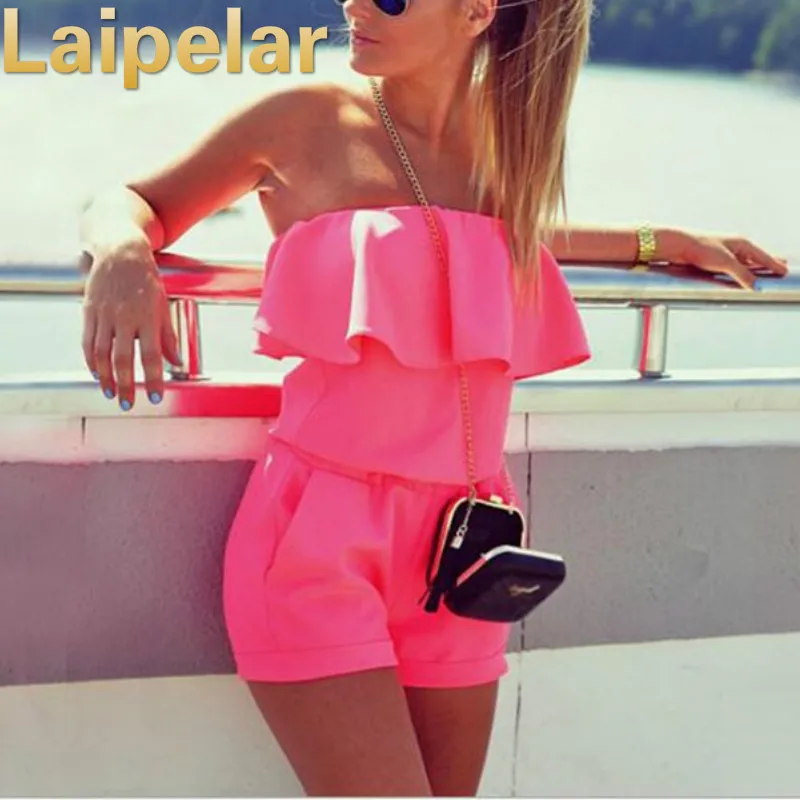 

Laipelar Women Beach Jumpsuit 2018 Summer Women Fashion Casual Ruffles Strapless Waist Tightening Candy Color Womens Jumpsuit