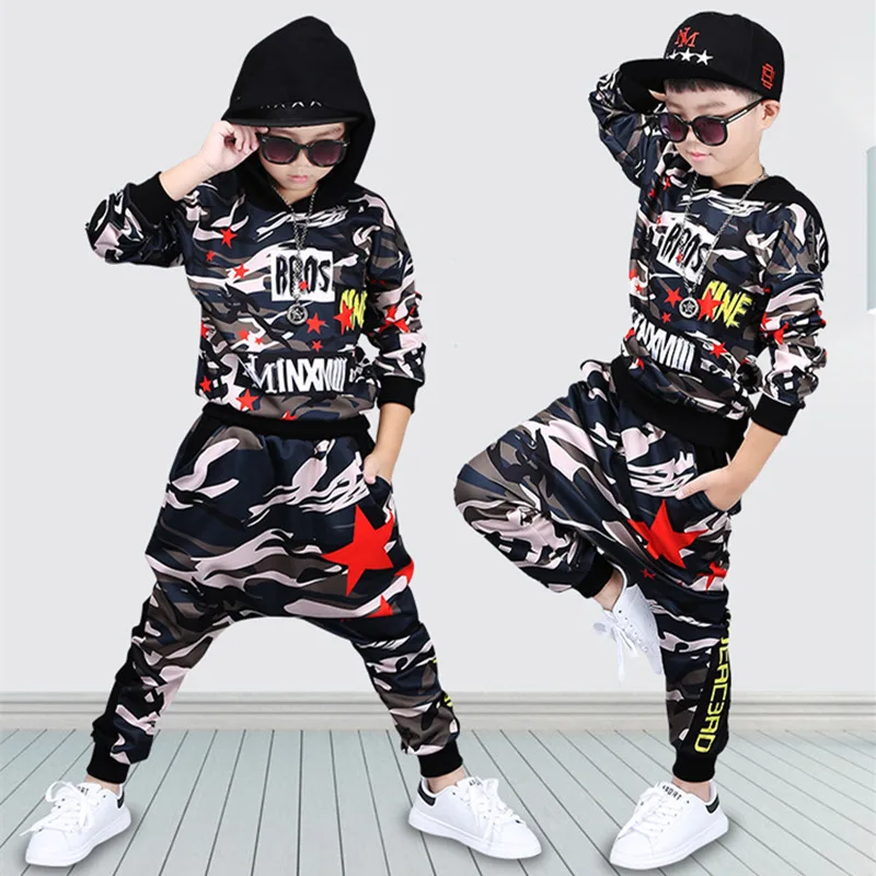 

Boys Camouflage Letters Hoodie and Pant Sets Girls Street Dance Clothes Kids Hip Hop Costumes Dance Wear Children Sport Suits