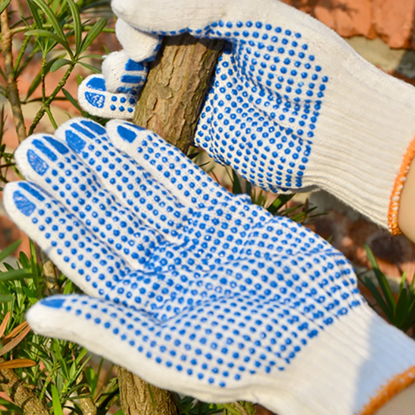 1 пара, практичные Нескользящие перчатки из хлопчатобумажной пряжи, Нескользящие рабочие перчатки с желтыми точками, удобные рабочие домашние перчатки для сада
