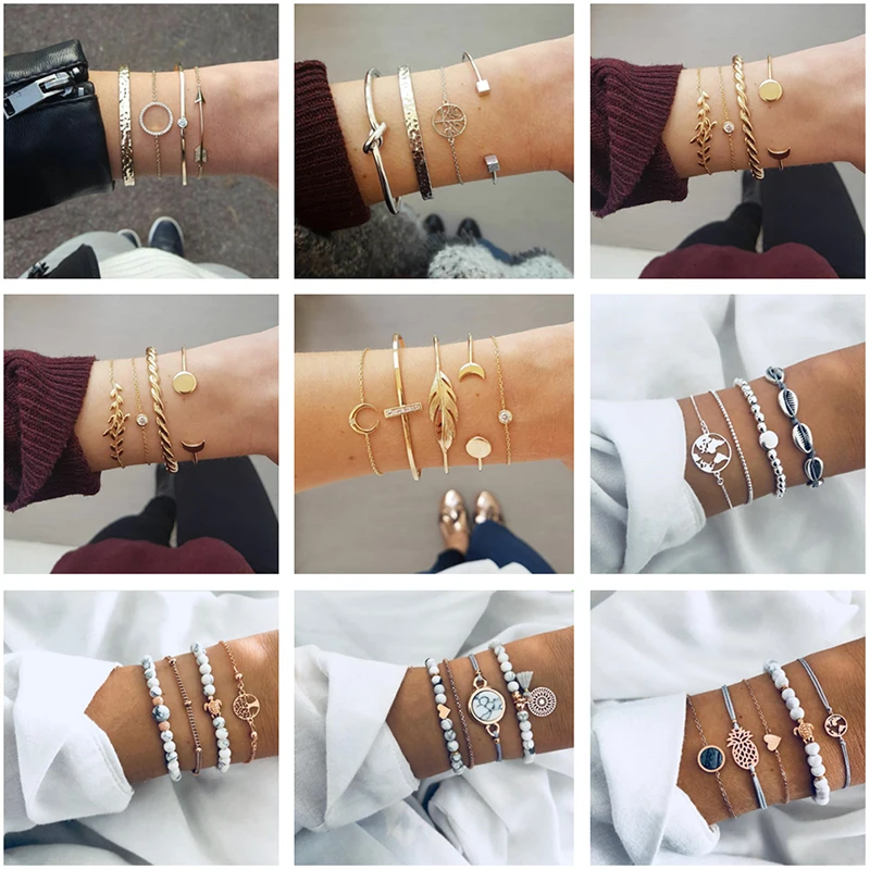 

New Gold Metal Alloy 4pcs/Set Leaf Tree Turtle Arrow Shell Charm Link Chain Twist Open Cuff Bangles Bracelet Set For Women