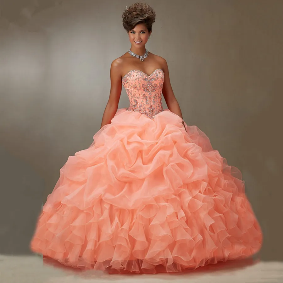 Vestidos De 15 Anos Ball Gown Sweetheart Ruffle Organza Puffy Formal Plus Size Peach Coral