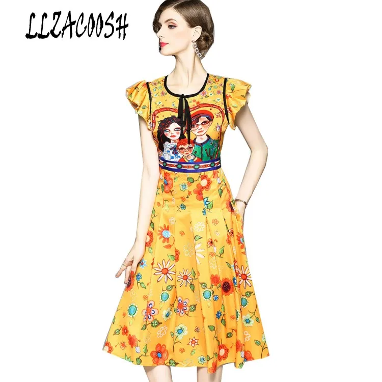 

2018 Runway Designer Yellow Print Flower Cartoon Pattern Short Sleeve Summer Women Pleated Party Dress