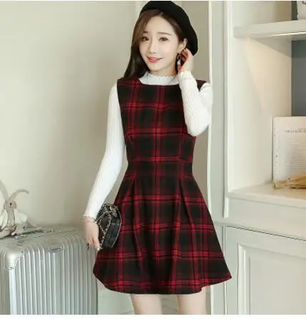 Шерстяное платье большого размера для женщин, одежда осень/зима, новое корейское тонкое платье без рукавов в клетку, Женское шерстяное платье-жилет 4XL - Цвет: red Plaid