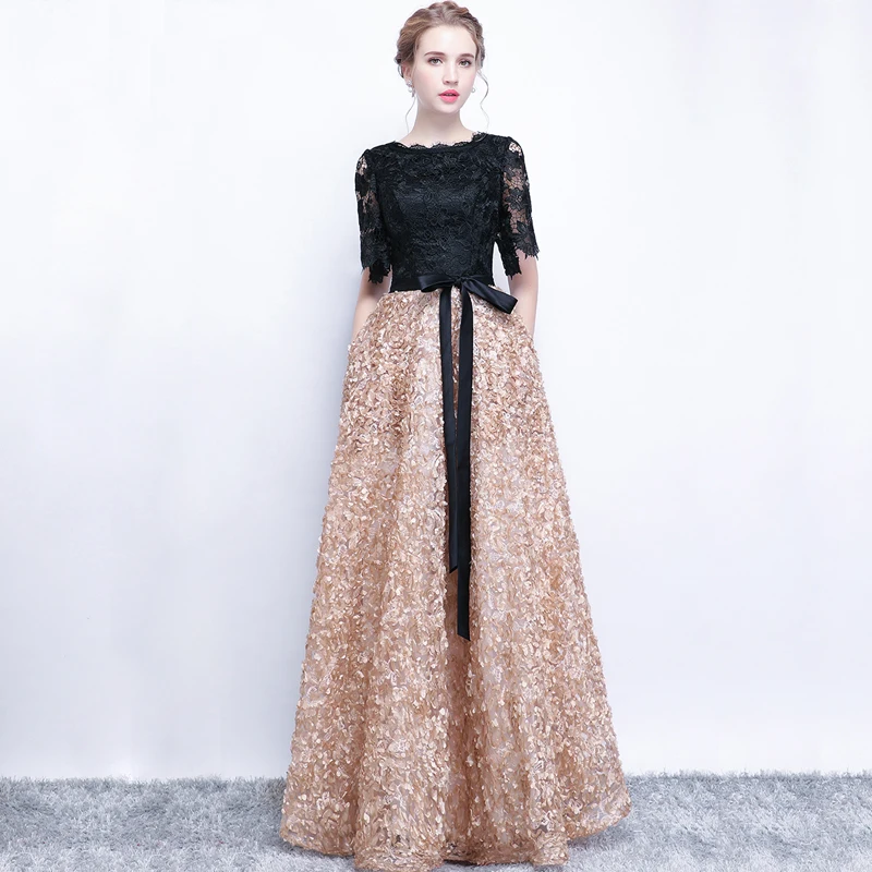 

Black Champagne Dresses 2018 floral Half Sleeve Lace Appliques Zipper Long flower Dress Elegant gala dresses summer Vestido