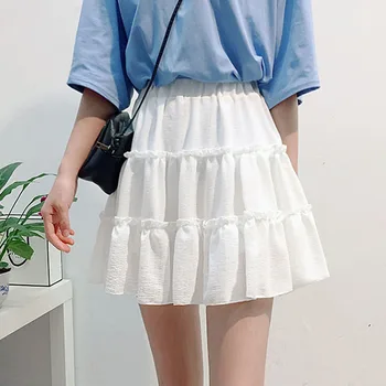

Women Sweet Style Chiffon Skirts Solid Color Ruffles Patchwork High Waist Elastic Pleated Skirt Female Cute Summer Mini Saias