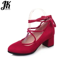 J&K 2017 Big Size 33-43 Women’s Shoes Gladiator Cross tied Pumps Shoes Thick Heeled Narrow Band Nubuck Shallow Shoe Brands Women