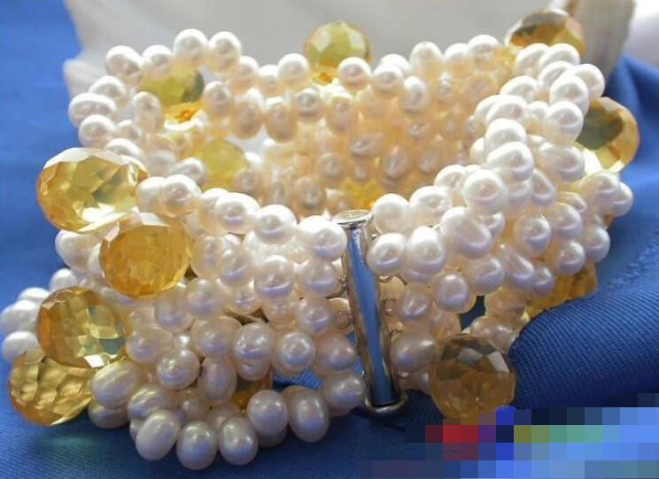 

Hot sell ->@@ 0711 10ROW 8" WHITE RICE CULTURED PEARL citrine BRACELET -Top quality free shipping