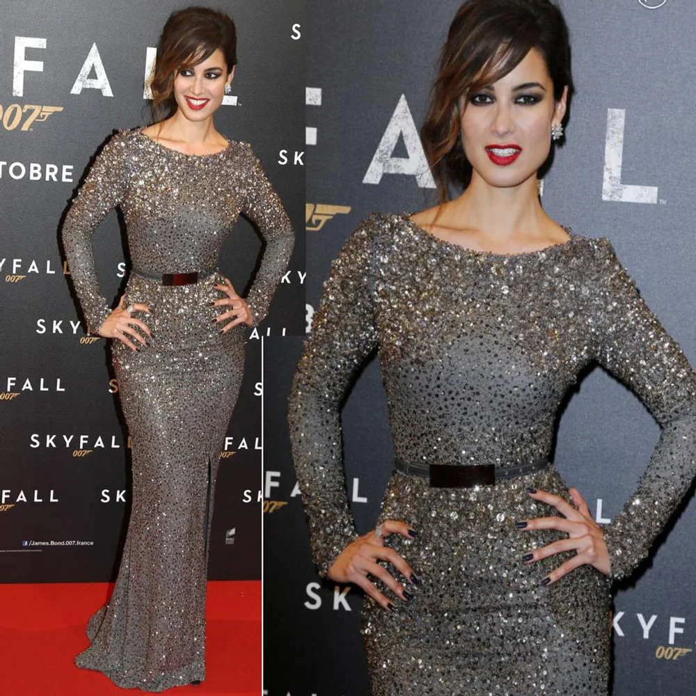 

Berenice Marlohe Skyfall Paris Premiere 2017 Long Sleeves Celebrity Dresses Round Neck Sequins Split Belt Heavy Crystal