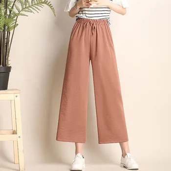 

Nonis Causal Summer Cool Wide Leg Pants For Women Elastic Mid Waist Drawstring Solid Color Thin Trousers Street Wear New 2019
