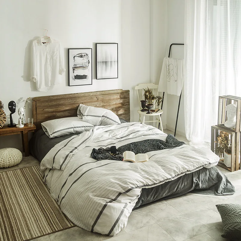 

Bedding Set 100% cotton Pure color grid stripe pink gray English Style family pillowcases 3/4pcs Duvet Cover sets Soft Bed Sheet