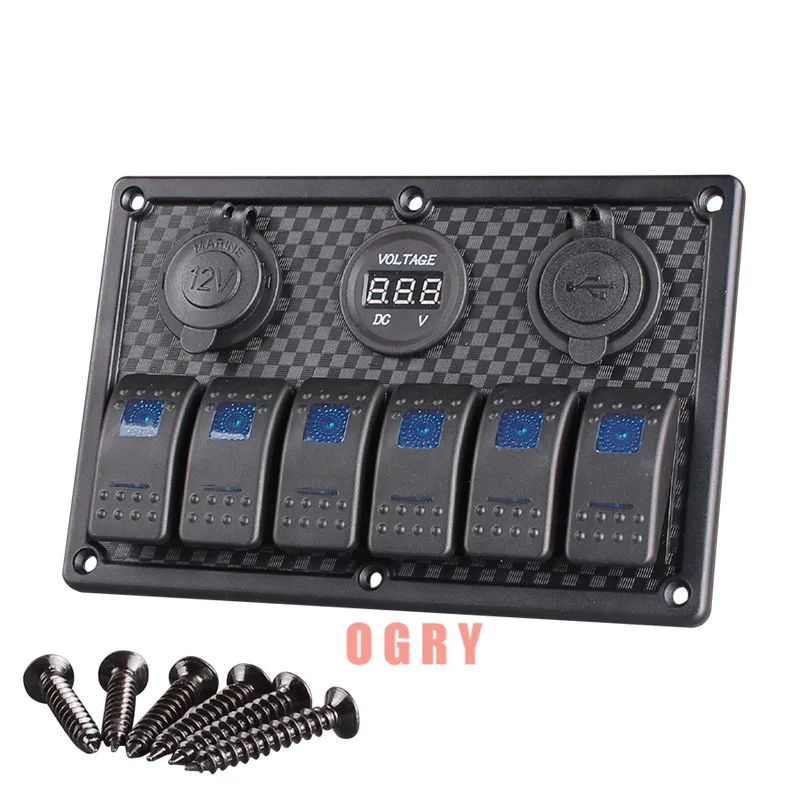 

6Gang Boat Rocker Switch Panel Dual USB Cigarette Lighter Socket Car Switch Panel LED Switch USB Marine Switch Panel