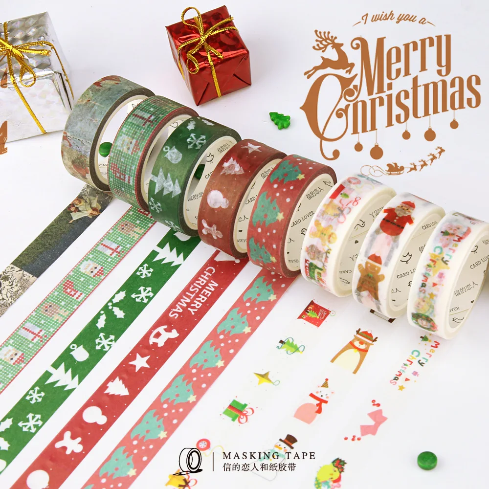 STOBOK Washi Paper Tapes Set Wide Masking Tape Decorative Stickers Gift Packaging Band Scrapbooking Decoration for DIY Craft Christmas Party Favors Gifts Style 1
