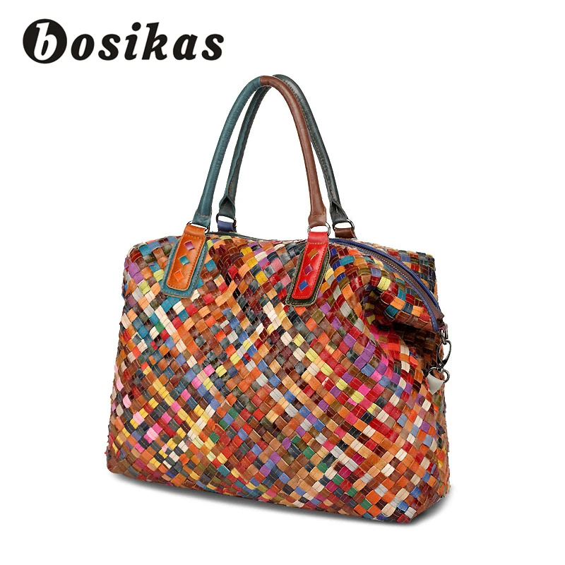 

BOSIKAS Women Fashion Knitting Bag Genuine Leather Women's Totes Lady bag Weaving Shoulder bags Colorful Stripes Handbag Purse