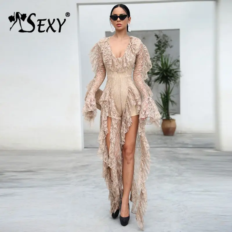 

Gosexy 2019 New Sexy Plunging Neckline Lace Long Sleeves With Frill Ruffle Detailing Jumpsuit Party Outfit