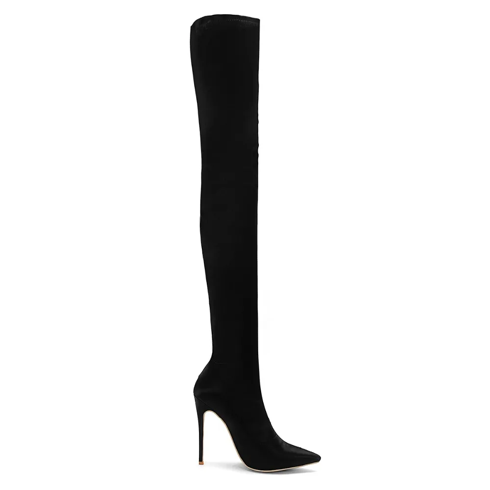 Cm Pointu Élastique Hauts Talons Satin Roviciya Sur Genou Black 12 Bottes Bas Automne Le Discothèque Chaussures Wj031 Bout Femme Sexy Noir LVpGUzMjqS