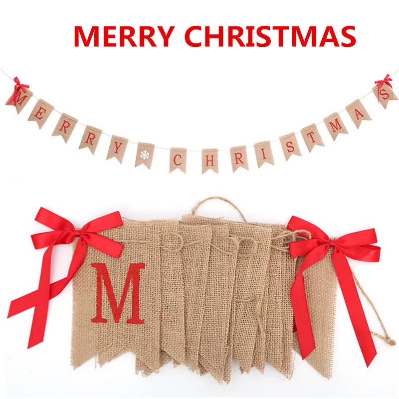 

14pc Flags/set Merry Christmas Linen Flag Banner with Bows Linen Christmas Celebration Banner for Xmas Party Decoration