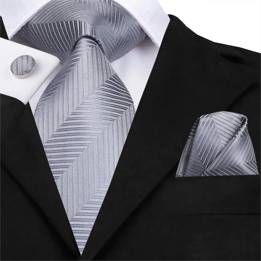 

C-3176 Silk Woven Men's Tie Grey Silver New Striped Solid Hanky Cufflinks Set 8.5cm Classic Business Wedding Pocket Square Tie