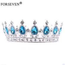 Blue Crystal Wedding Bride Hair Accessories Crown Silver Color Chic Royal Regal Sparkly Rhinestones Tiaras Crown Pageant Jewelry