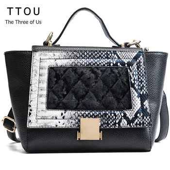 

TTOU Women Designer Serpentine Pattern Handbag PU Velvet Patchwork Bag for Ladies with Cover Hasp Fashion Female Tote Bag