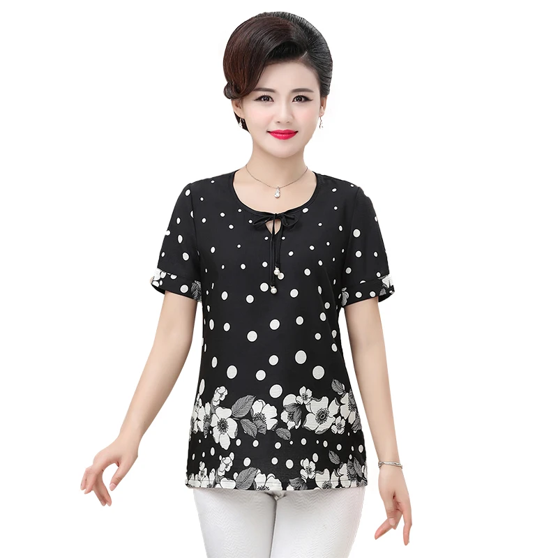 

Short Sleeve Tshirts For Women 2019 Summer New Middle Age Mother Clothing Polka Dot Printed Plus Size O-Neck Top Tee Shirts