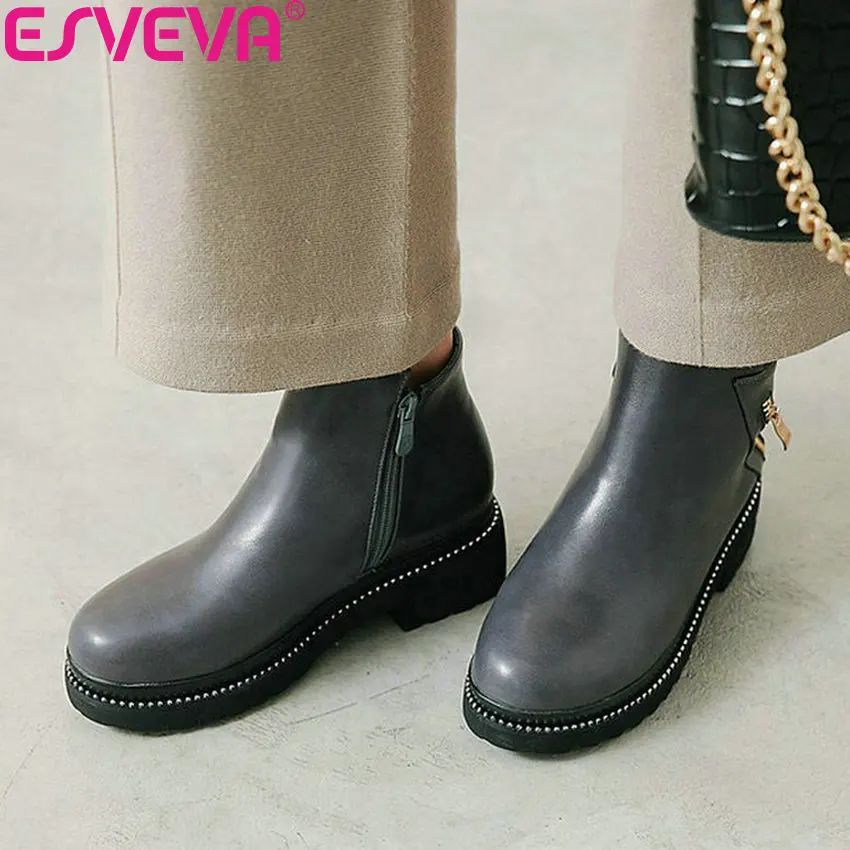 

ESVEVA 2019 Women Shoes Zipper PU Platform Winter Shoes Short Plush Basic Ankle Boots Square Heels Woman Round Toe Boots 34-43