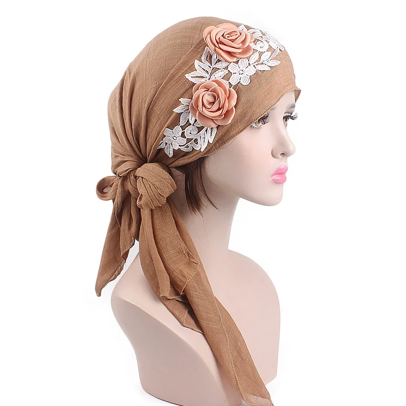 

Women Pre-Tied Cotton Beautiful Head Wrap Turban Cap 3D Flower Lace HeadScarf Chemo Cancer Cap 2018 Floral Fashion Elegant
