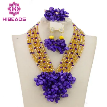 

Latest Nigerian Wedding African Beads Jewelry Set Gold Crystal Necklaces Jewelry Set Purple Coral Beads Set Free Shipping AMJ138