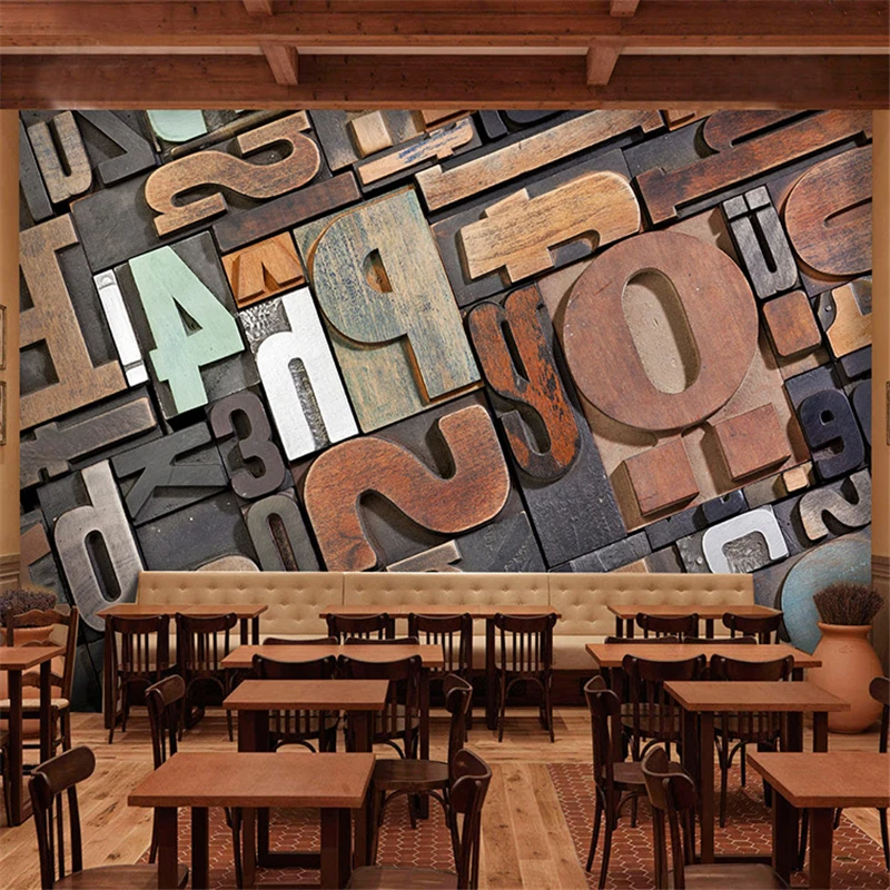 wall paper 3D stereoscopic wood grain color English letters PVC large mural Cafe Retro KTV bedroom wallpaper papel de parede
