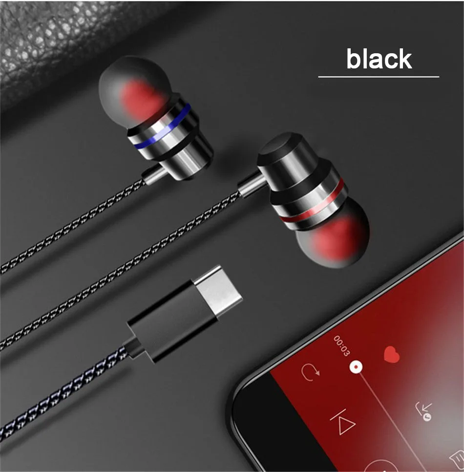 USB Type C Earphone Dynamic Drive Headphone For Xiaomi 6 6X 8 Mix2 Note5 Bass Metal Sport Gaming Earphones With Mic For Samsung11
