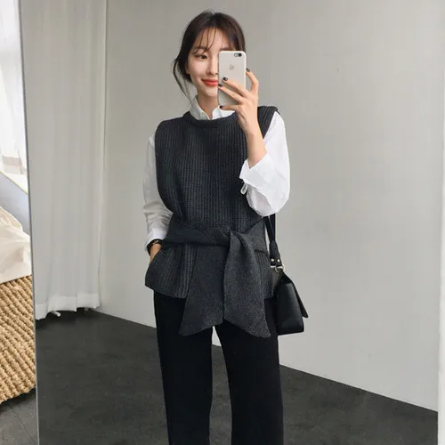 

Korean Style Woman High Waist sides split Vest Sweater Lace-up cropped sweater Official Lady