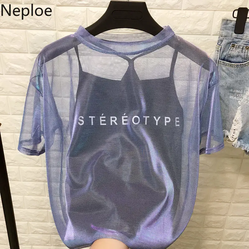 Neploe/женские сексуальные марлевые рубашки для девочек, футболка, Прозрачные топы с надписью, Blusas, Корейская женская одежда, комплект из 2 предметов, футболка 39763