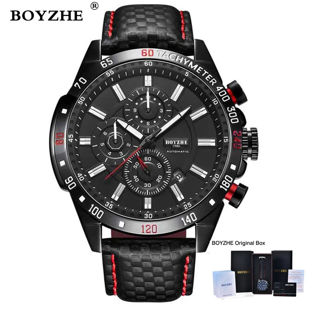 

BOYZHE Mens Top Luxury Brand Automatic Mechanical Waterproof Watches Business Fashion Sport Leather Male Watch Relogio Masculino
