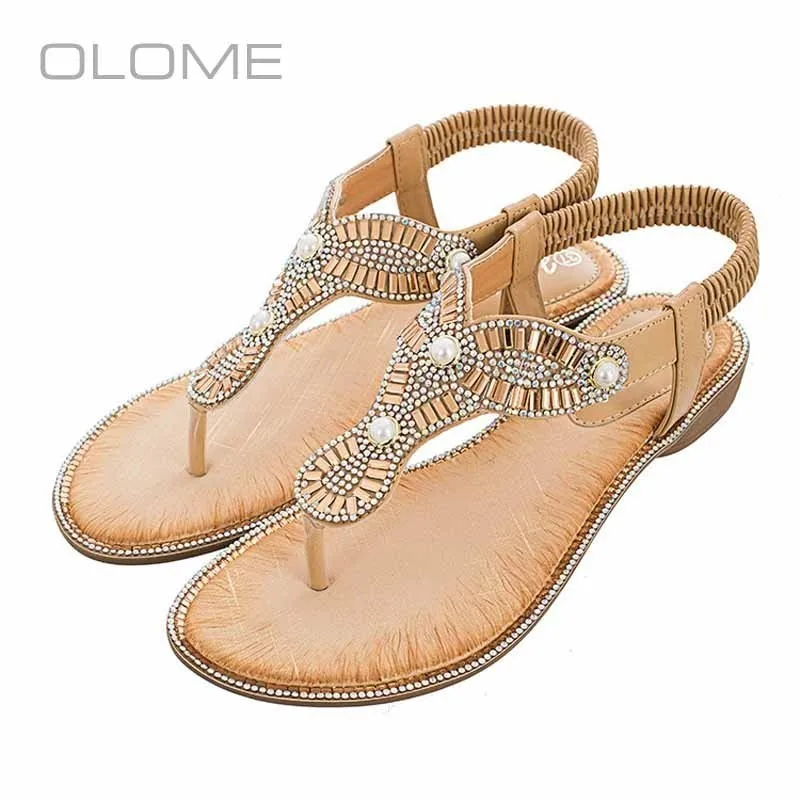 

OLOME new super fire personality wild Wear resistant round head pearl fashion thong sandals female Large size36-42