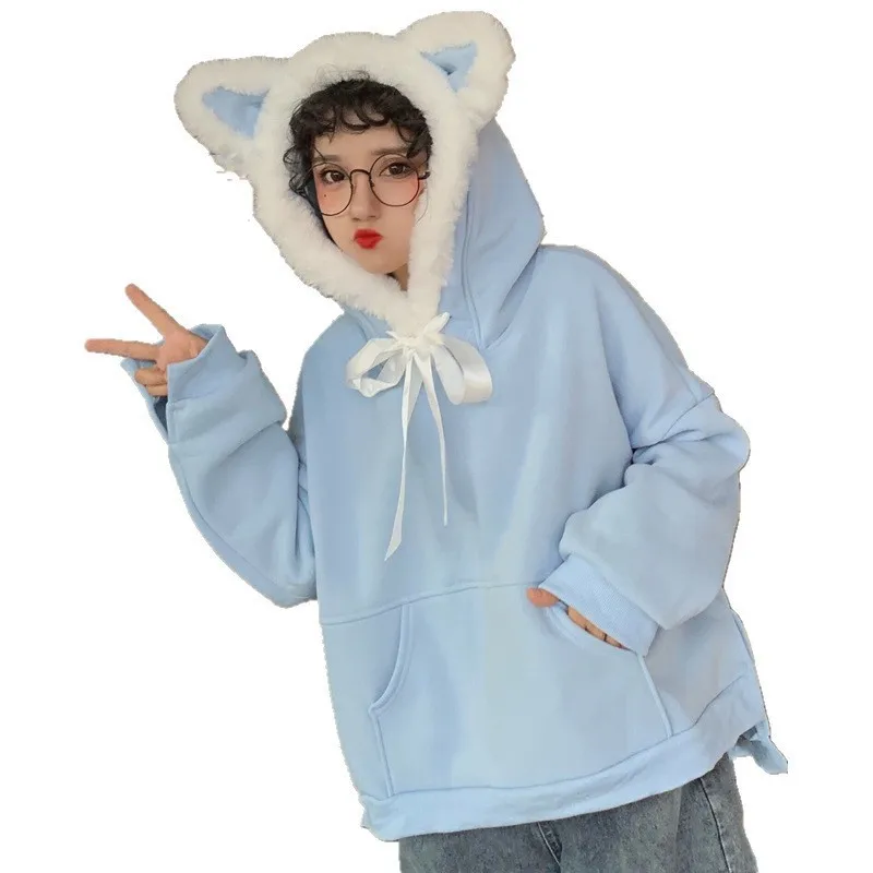 Cute Japanese Women's Faux Fur Cat Ears Fluffy Hoodies Winter Plus