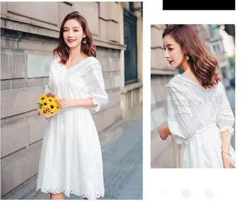 

White dress fairy temperament lace-up hollow elastic waist 2019 new