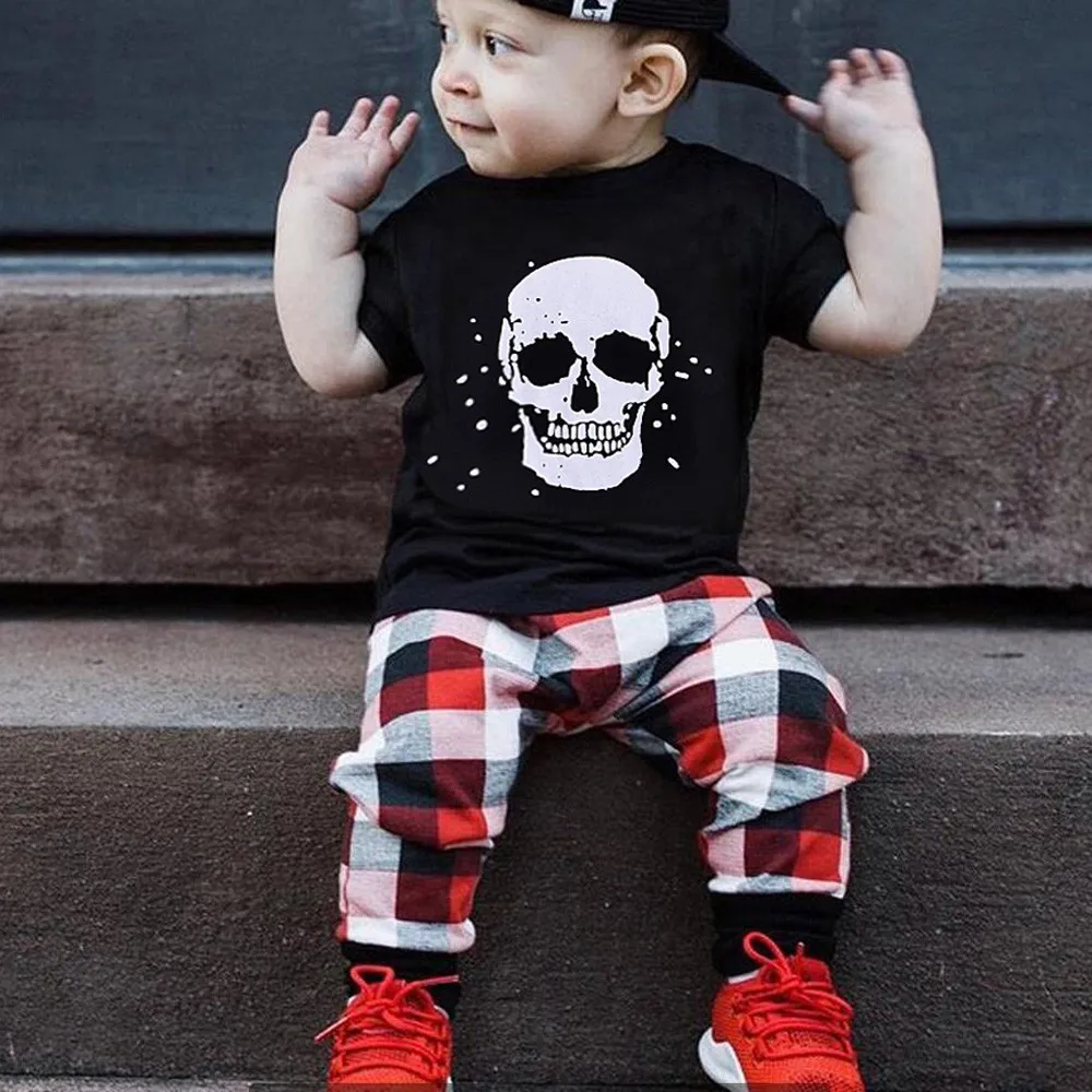 

2Pcs Fashion Infant Kids Baby Boy Short Sleeve T shirt Plaid Pants Cotton Outfits Set Clothes 2018 Autumn