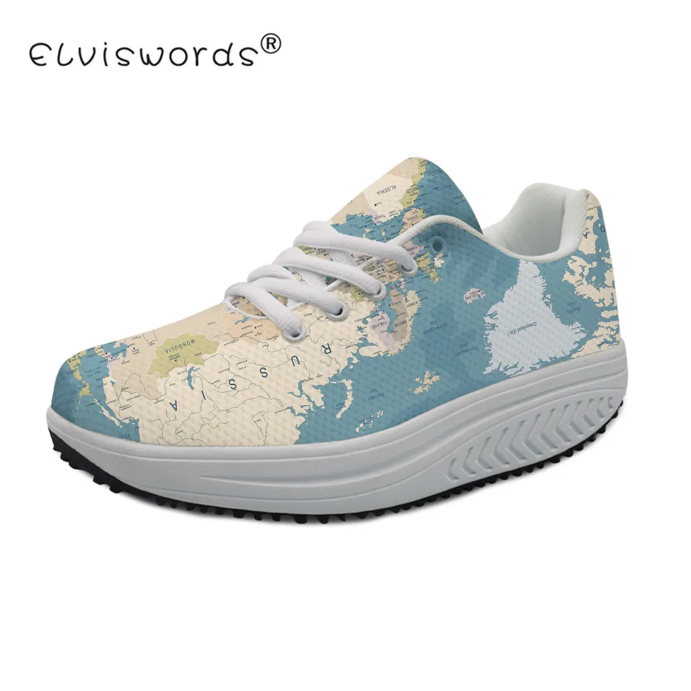 

ELVISWORDS Flats Women Slimming Swing Shoes Casual 3D Map Print Female Height Increasing Shoes for Women Platform Shoes Student