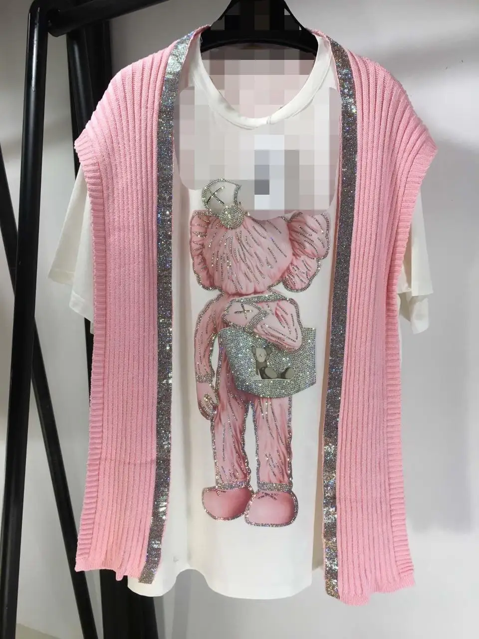 

2019 autumn new women's fashion casual sweet cute pink bear hot drilling short sleeve 0627