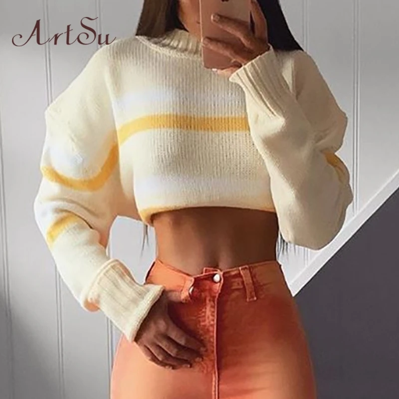 

ArtSu Autumn Sweater Woman Pullover Knitted Yellow Sweater Crop Striped Ladies Jumpers Autumn Fall Sweaters Streetwear ASSW20203