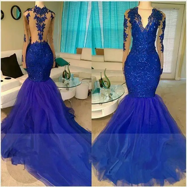 

2017 Long Sleeve Mermaid Long Royal Blue Evening Dress V Neck Sexy Evening Gown Robe De Soiree Longue
