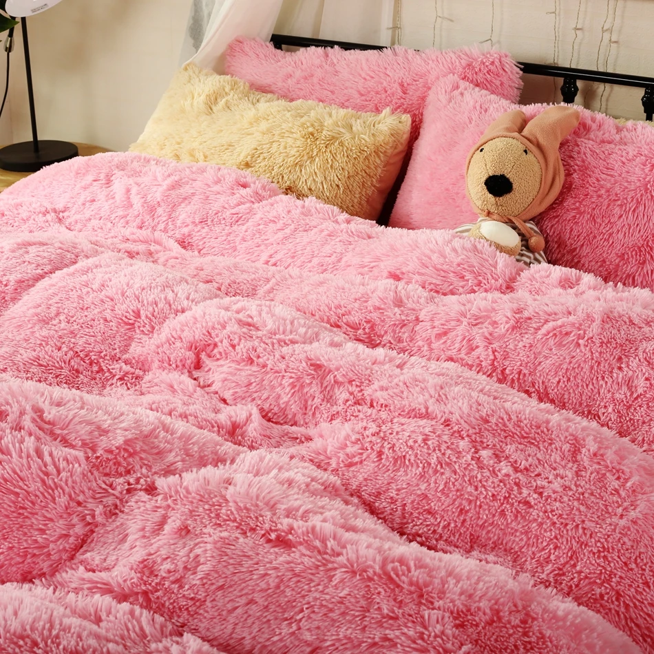 Warm Pink Fleece Girls Duvet Cover Set Queen King Size Flannel Winter 